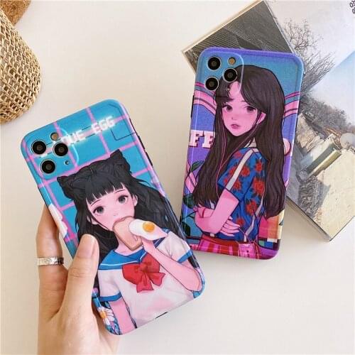 Cartoon Anime Girl Phone Case For iphone 12 11 Pro Max XR X XS Max 7 8 plus Pink Cover Fashion Cute Pattern Silicone Back Cases