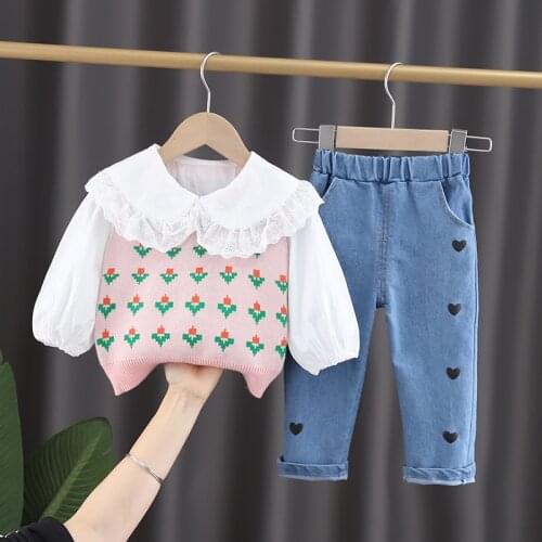 Spring baby girls clothes outfit sets knitted vest shirt jeans 3-pcs suit for toddler girl baby clothing 1 year birthday sets