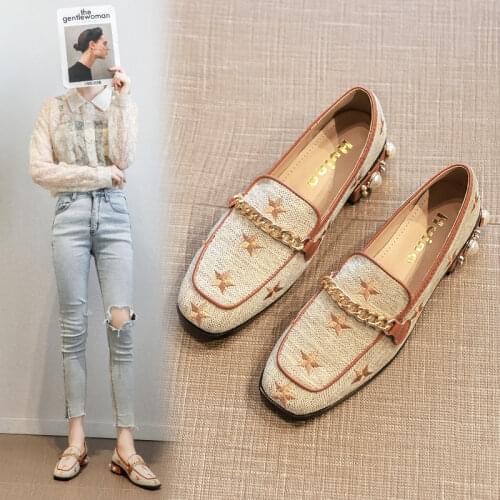 2021 New Women Casual Shoes Pumps Spring Fashion Girl Star Embroidery Pearl Flax Chain High Heel Shoes Slip-on Loafers