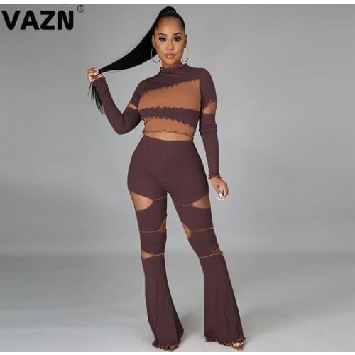 VAZN 2020 New Hollow Out High-end Plus Size Sexy Club Turtleneck Full Sleeve Group High Waist Long Pants Slim Women 2 Piece Set