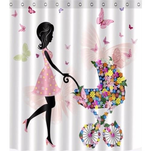 72'' Floral Fairy with Butterflies Pink Pushing a Stroller Bathroom Waterproof Fabric Shower Curtain Polyester 12 Hooks