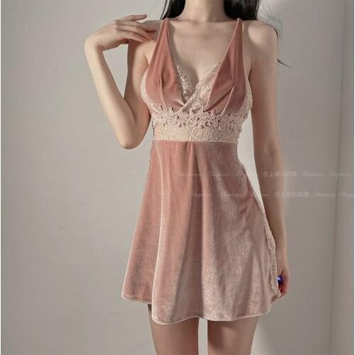 Women Sleepwear Velvet Nightwear Lace Hollow Sexy Home Clothes Winter Nightgown V-Neck Suspenders Nightdress Intimate Lingerie