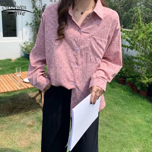 2021 Autumn Retro Casual Printed Lapel Long Sleeve Womens Shirts Floral Chiffon Blouse Plus Size Loose Womens Clothing 11137