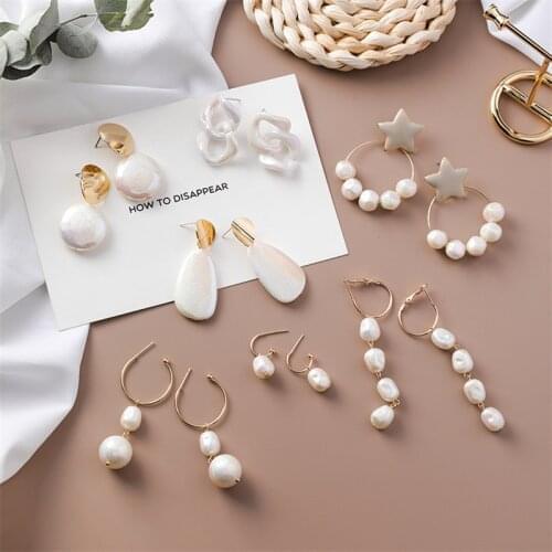 2019 New Korean Acrylic Asymmetric Simulated Pearl Shell Metal Long Tassel Drop Earrings Geometric Brincos Jewelry For Women