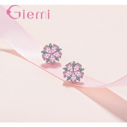 Sweet Pink Cubic Zirconia Flower Stud Earrings for Women Girlfriend Top Quality 925 Sterling Silver Gifts Wholesale