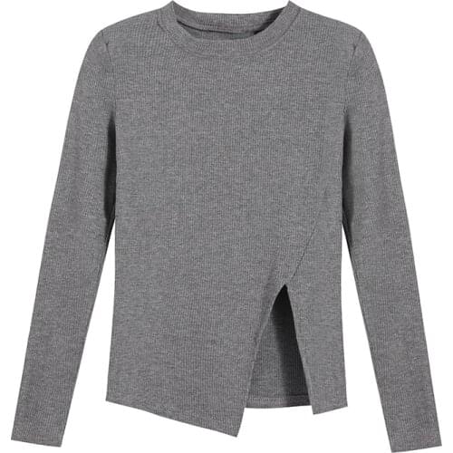 Split fork top womens bottoming shirt 2021 new spring tight thin design irregular knit sweater sweater tide