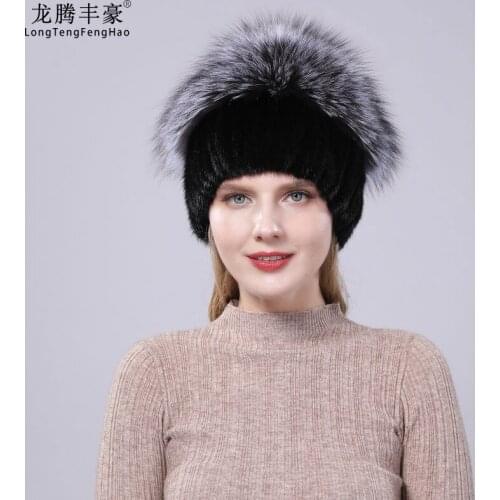 Winter Caps Mink Fur Hats Silver Fox Fur Beanies Hat With Pom Pom Genuine Fur Cap Elastic Knitting Wool Beanies Female Cap