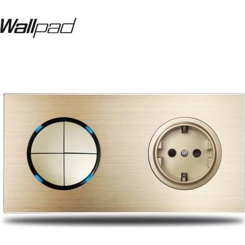 Wallpad L6 Gold 4 Gang Light Switch Blue LED Indicator with EU Electric Power Socket Gold Brushed Aluminum Metal Panel