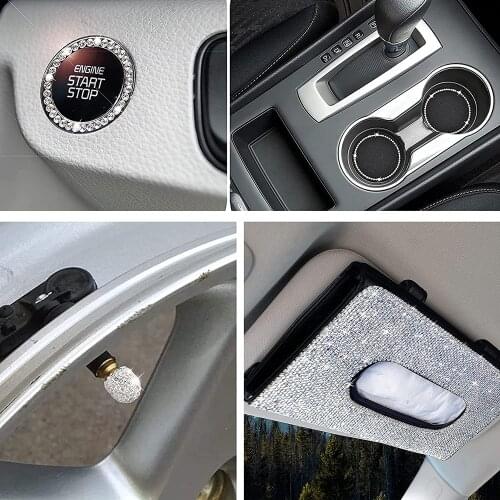 8pcs Car Cup Holder Coaster (2pcs) with Bling Ring Emblem Glitter Tire Valve Stem Caps (4pcs) Tissue Case Deocr Sparkly Set