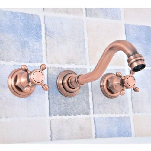 Antique Red Copper Double Cross Handle Wall Mount 3 Hole Widespread Bathroom Lavatory Vessel Basin Faucet Sink Mixer Tap dsf521