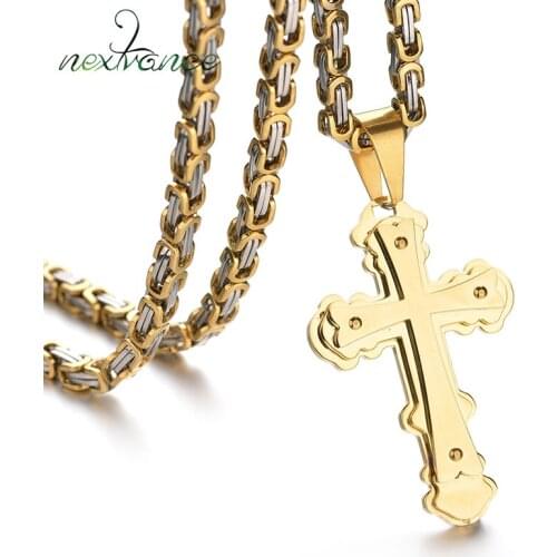 Nextvance Christian Punk Jesus Cross Pendant Necklaces Gold Stainless Steel Byzantine Chain Men Jewelry Christmas Charm Gift