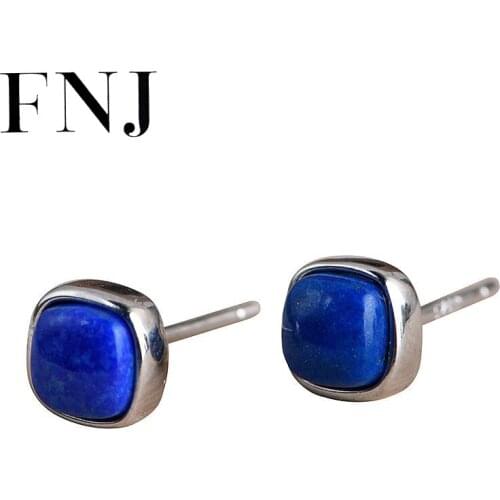FNJ 925 Silver Stud Earrings for Women Jewelry New Fine 100% Pure S925 Sterling Silver Earring Square Lapis Lazuli Blue Stone