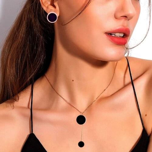 KIOOZOL Simple black round earrings necklace stainless steel set for women jewelry set 2021 trend 030 KO2