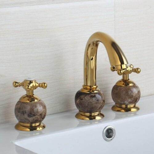 Brass handle bathroom bathtub faucet deck, Wash basin faucet mixer hot and cold, Copper three hole sink basin faucet golden