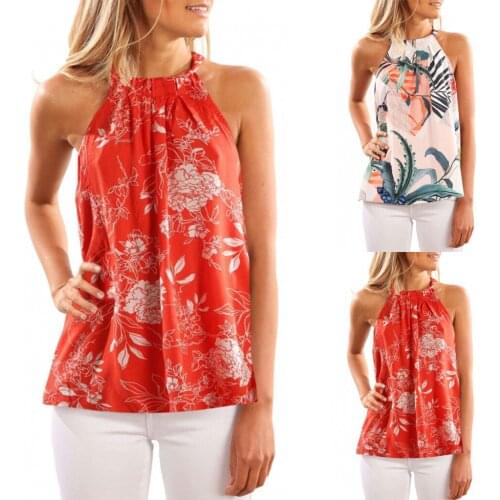 Fashion Women Sleeveless Halter Neck Tank Top Summer Floral Print Tank Top Casual Blouse Plus Size Strapless Women Clothing