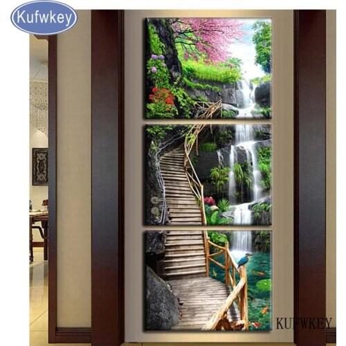 Full square Diamond Painting 3pcs Scenery waterfall picture Rhinestone Embroidery Diamond Mosaic Cross Stitch Wall decoration