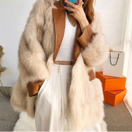 2021 Luxury Vintage Womens Winter Fox Fur Coats With Faux Leather Suit Collar New Warm Fur Jacket Sexy Streetwear Overcoat Girl
