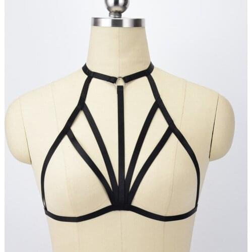 Halloween Sexy Lingerie Harajuku Bondage Elastic Rave Body Harness Spandex Cage Bra Black Bondage Gothic Crop Top Harness Bra