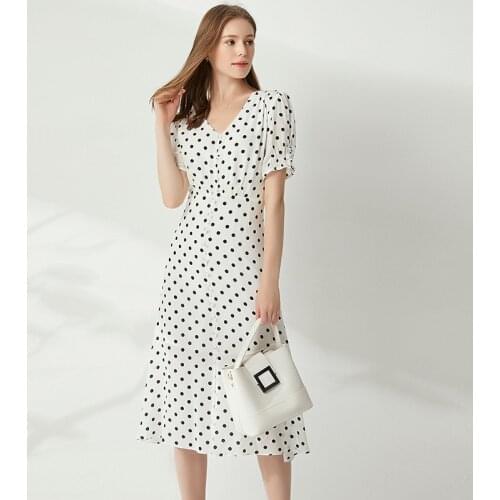 Silk Printed Dress 2021 Summer New Polka Dot A- line Skirt Mulberry Silk V-neck Waist-Controlled Slimming Mid-Length Skirt