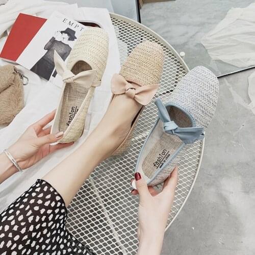Square-headed bean shoes womens spring and autumn 2020 new bow woven soft sole shoes one pedal flat breathable ladybugs
