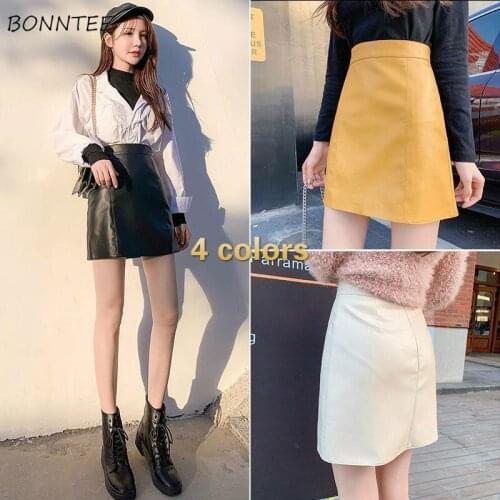 Skirts Women Sexy All-match Summer BF Mini Simple Solid PU Candy Colors Slim A-line Ulzzang Trendy Empire Mujer Bottom Oversized