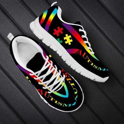 WHEREISART Black Sneakers Women Rainbow Color Art Autism Pattern Ladies Flats Shoes Lace Up Summer Footwear Girls Zapatos Mujer