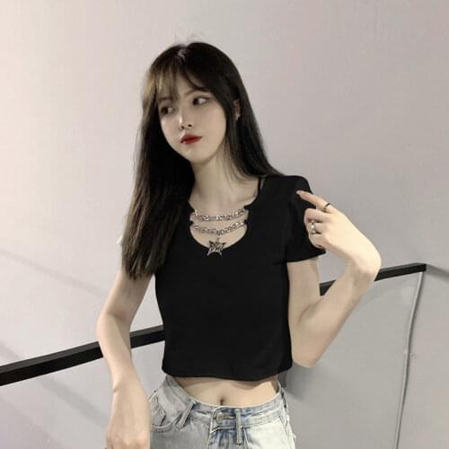 Ladies Tops and Blouses 2019 High Waist T-shirt Female Short Sleeve Solid Color Korean Version of The Scheming Short Navel