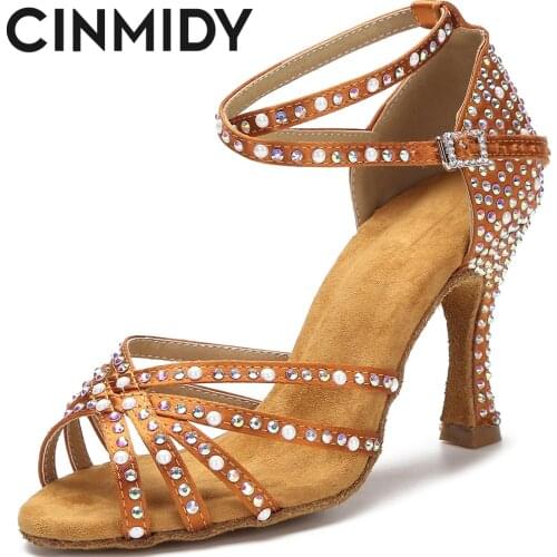 CINMIDY Hot Selling Latin Dance Shoes Rumba Samba Ballroom Party Ladies Dance Hight Heels Women Sandals Rhinestone Wedding Shoes