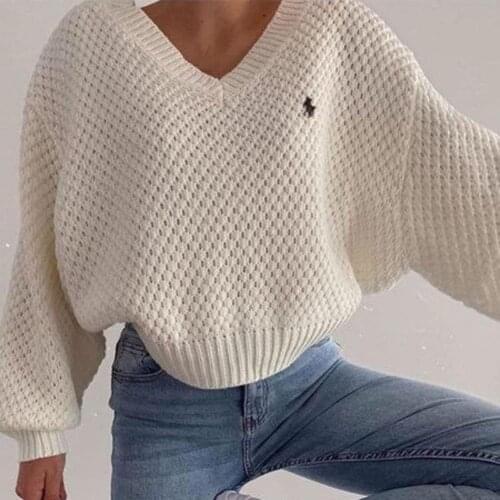 Comfy Trendy Short Type V-Neck Women Sweater Autumn Winter Pullover Sweater Oversized for Home