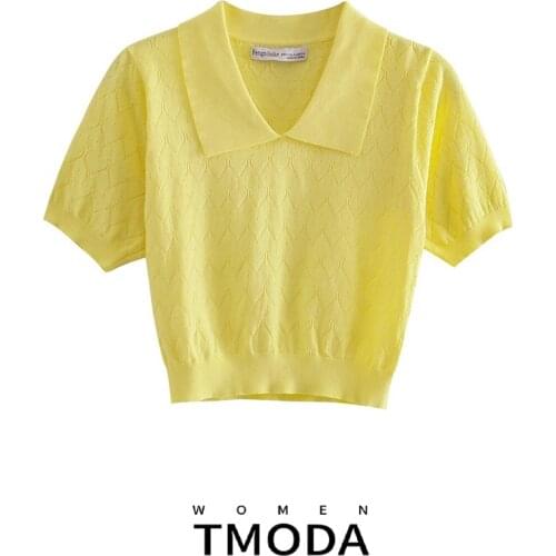 TMODA1240 Women Za Fashion Jacquard Mesh Cloth Crochet Knitting Short Sweater Vintage Short Sleeves Female Pullovers Chic Tops