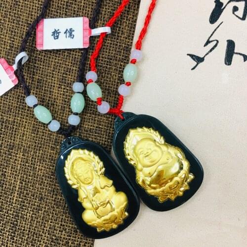Zheru Jewelry Pure natural black Hetian jade inlaid 24k gold Guanyin Buddha pair pendant necklace Gold inlaid jade Send certific