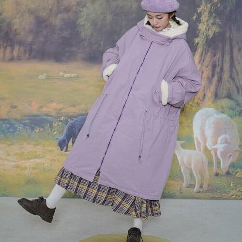 Winter 2021 new female students Korean version loose padded jacket imitation lamb wool padded coat over the knee parka coat