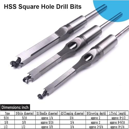 High Quality 5/16 3/8 1/2 Inch HSS Square Hole Drill Bits Auger Bit Mortising Chisel Drilling Craving Woodworking Tools