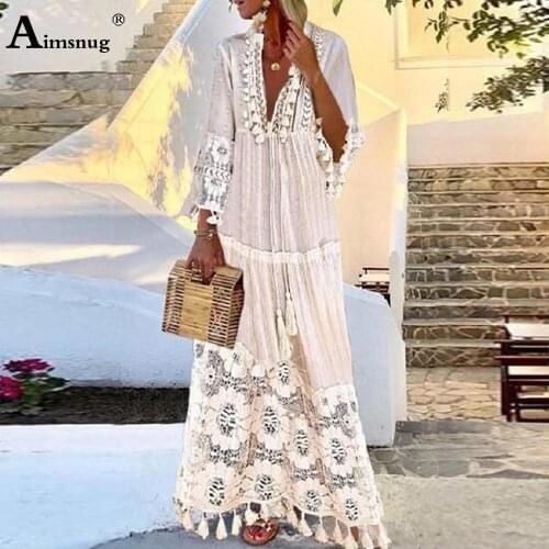 Aimsnug 2021 Patchwork Lace Sweet Dress For Women Long Sleeve V-Neck Party Dress Summer Fashion Tassel Long Maxi Dresses Femme