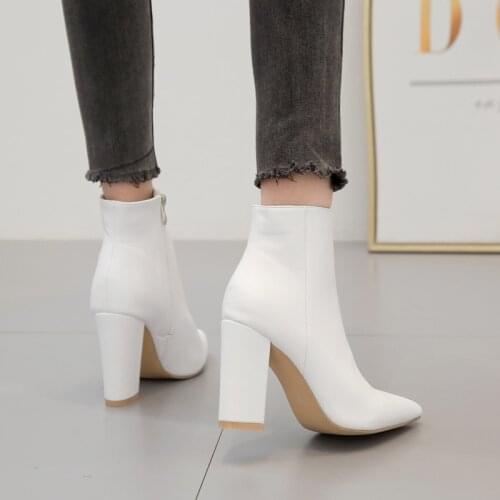 Fashion Women Ankle Boots Chelsea Boots White Shoes Autumn Winter Ladies Pointed Toe Side Zipper Sexy Chunky High Heels Booties