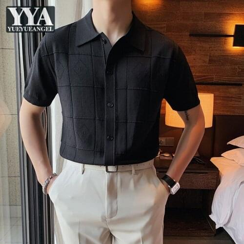 Mens T Shirt Summer Black White Knitting Tops Single Breasted Casual Short Sleeve Office Men Tees Tops Slim Fit Fashion T Shirts