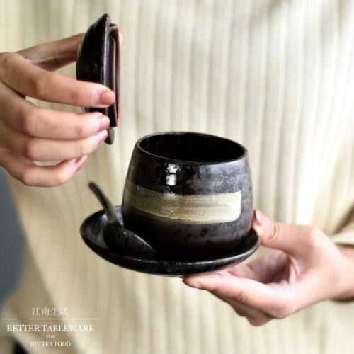 Japanese style ceramic steamed egg cover bowl household stew cup with spoon crude pottery small miso soup bowl tableware set