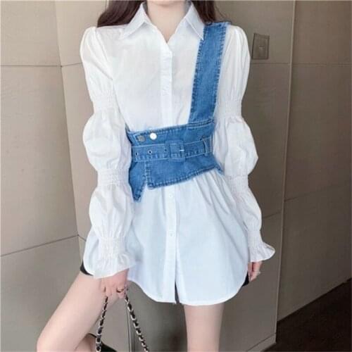 2 Piece Set Women Summer High Waist Dress 2021 Denim Camisole + Mini Dress Elegant Puff Sleeve A-line Dress Vintage Slim Dresses