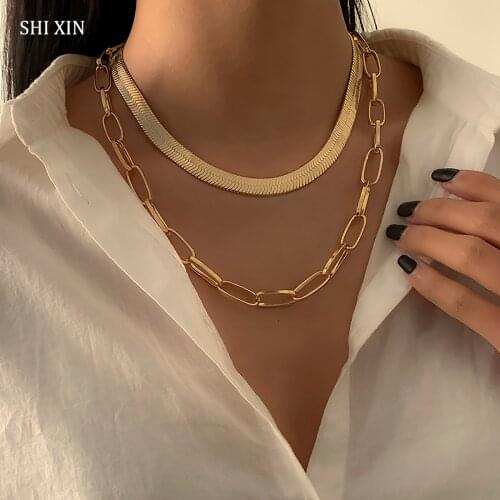 SHIXIN 2 Pcs Hip Hop Chunky Snake Chain Necklace for Women Punk Layered Choker Collar Necklace Set 2021 Fashion Jewelry for Neck