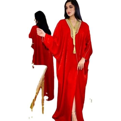 Moroccan Kaftan Dubai Open Abaya Dress for Women Gold Ribbon Batwing Sleeve Arabic Muslim Turkey Clothes France Velvet