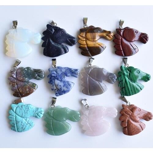 Fashion mixed natural stone carved horse heads pendants charms for necklace jewelry making 12pcs/lot Wholesale Free shipping
