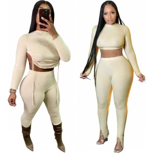 Fashion 2 Piece Women Pants Set Autumn Sexy Backless Drawstring Pleated Slit Nightclub Outfits Casual Long Sleeve Two Piece Suit