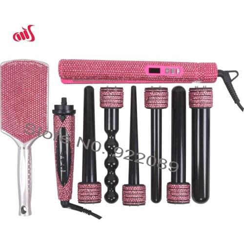 Crystal Hair Hot Tools Bling Bling Hot Pink Crystal Hair straightener Diamond Curling wands Kit Crystal Hair Brush Hair Boutique