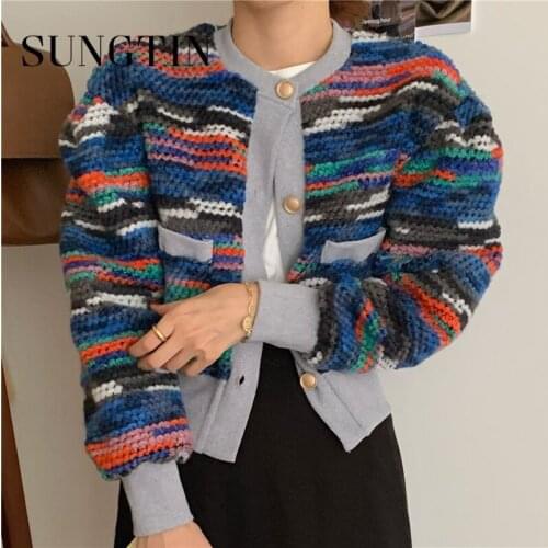 Sungtin Color Bolock Single Breasted Sweater Cardigan Women Korean Fashion Puff Sleeve Knitted Cardigan Female Chic Multicolor