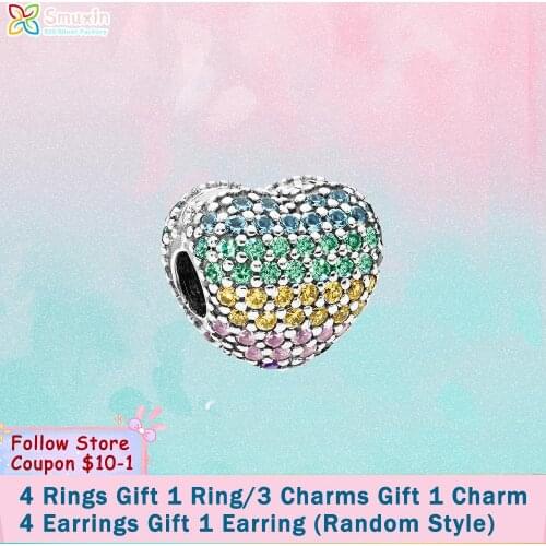Smuxin 925 Sterling Silver Beads Multi-colour Pave Open My Heart Clip Charms fit Original Pandora Bracelets for Women Jewelry