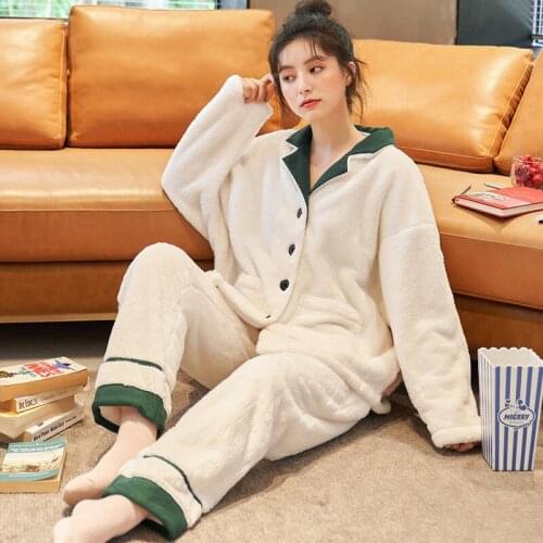 Thick Long Sleeve Pajamas Set Pajamas Woman Winter Button Up Soild Color Turn Down Collar Full Length Korean Pajamas Schlafanzug