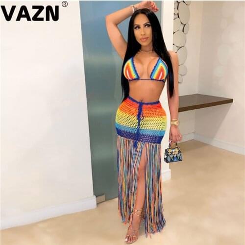 VAZN Hot Special Tassel Network Outfits Sexy Beach Style Halter Bandage Bikini Top Maxi Skirts High Waist Slim Women 2 Piece Set
