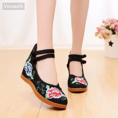 Veowalk Ankle Strap Women Floral Embroidery Canvas Flat Platforms Breathable Comfort Thick Bottom Walking Shoes for Ladies