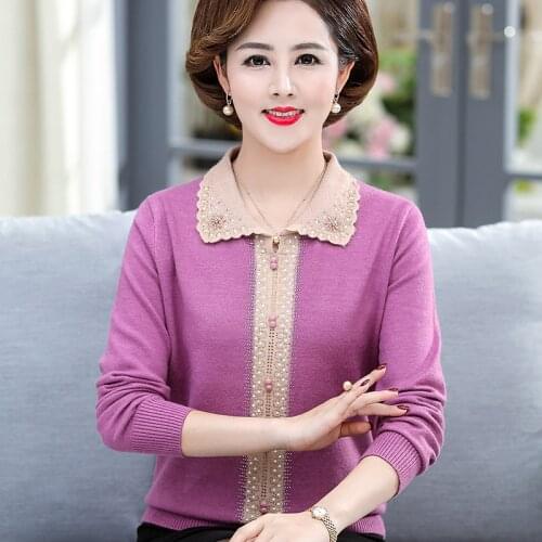 Spring Autumn Mother Knitted SweaterPlus Size 4XL Lapel Pullover Middle-Aged Elderly Womens Bottoming Shirt Female Jumper L28