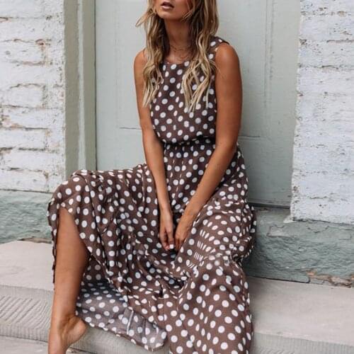 Women Sexy Dot Printing Sleeveless O Neck Long Dress Evening Party Dress Elegant Beach Long Maxi Dress Boho Dress Robe Longue